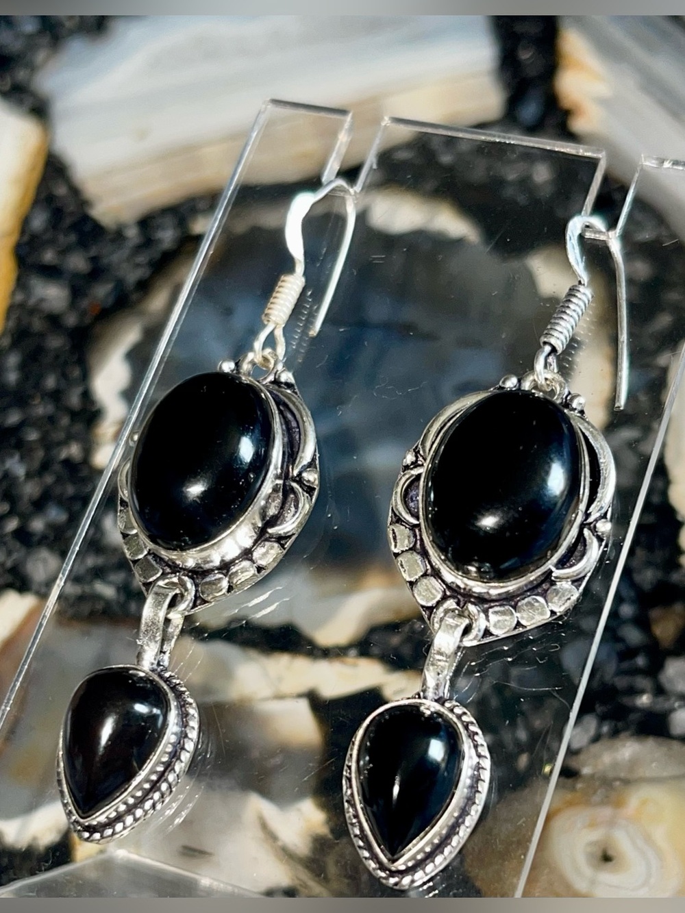 Black Onyx Crystal Earrings 2 1/2”